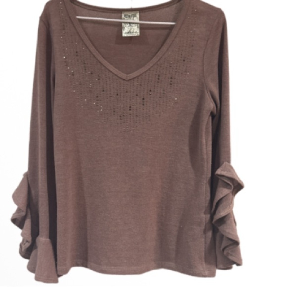 Vocal Mauve Long sleeve light weight sweater with Ruffle Detail
